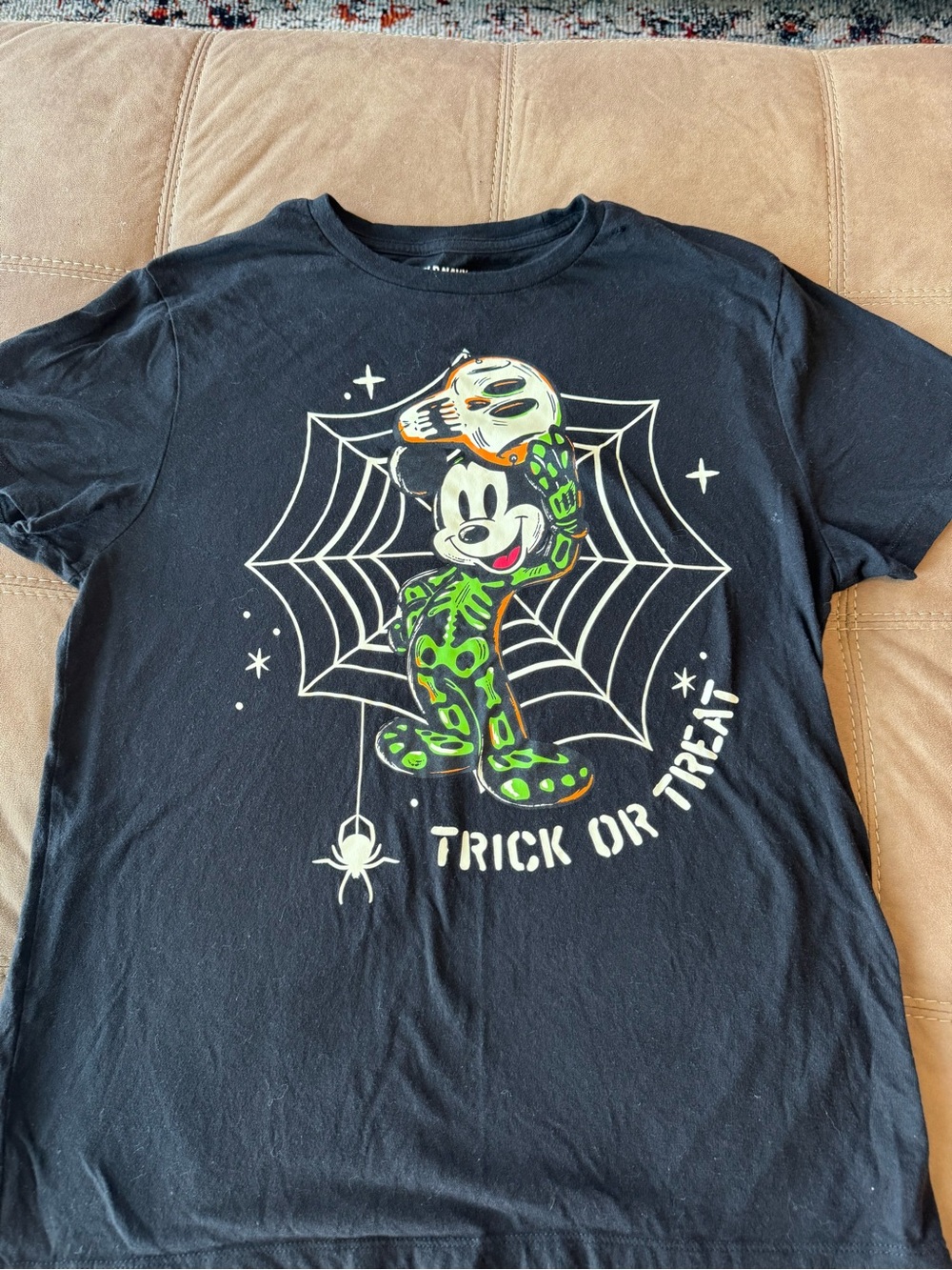 Old Navy Black Mickey Mouse Green Skeleton Trick or Treat Tee